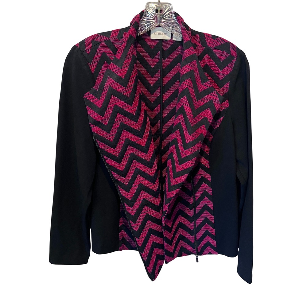 Chico's Red Black Chevron Asymmetric Zip Jacket Mixed Media Size 1 Medium